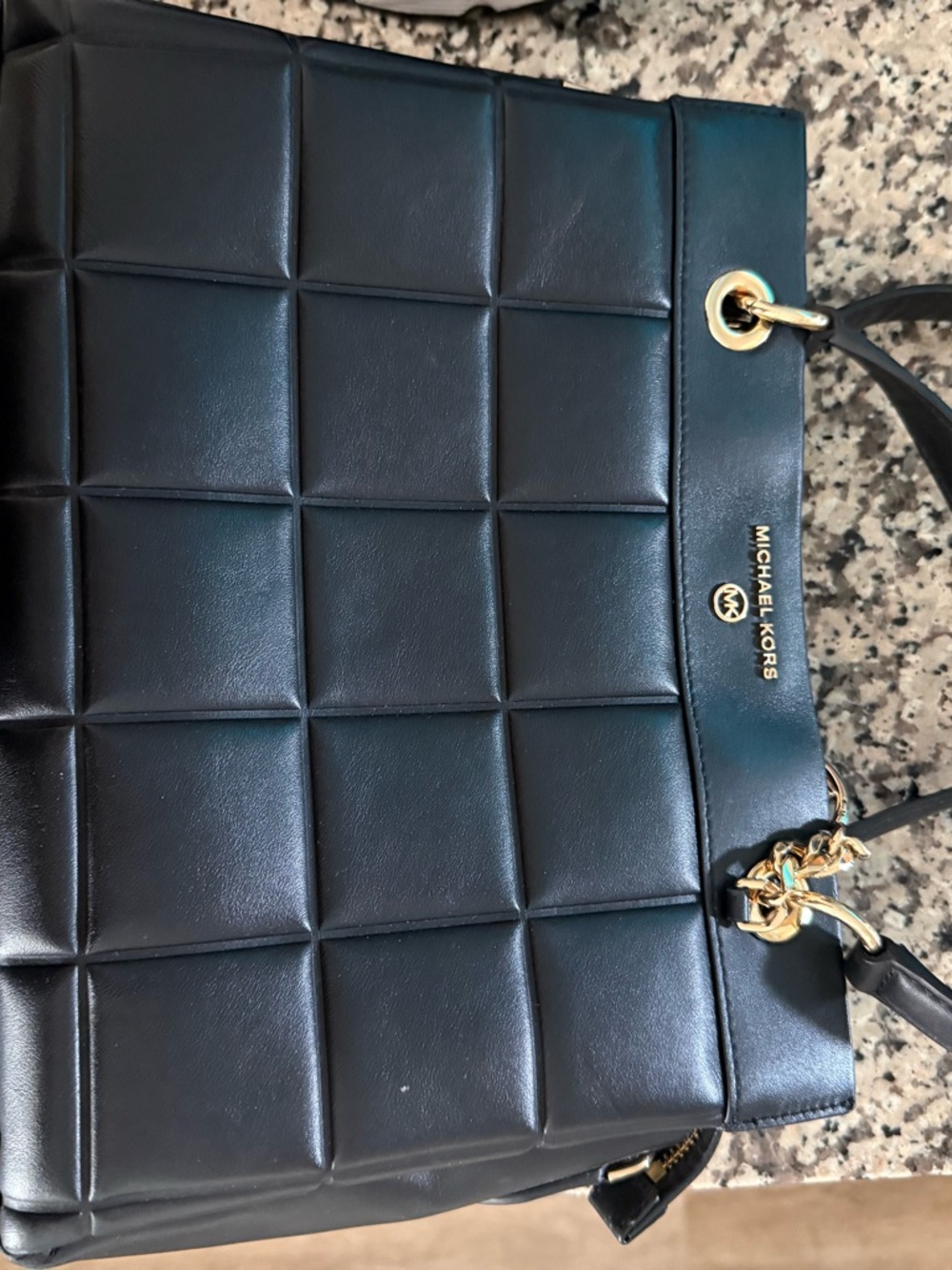Michael Kors Black Quilted Grid Tote with Gold Hardware
